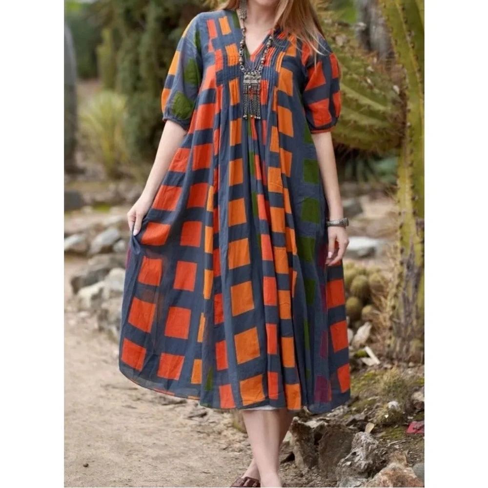 Dolma Skye Dress Geometric Block Printed Petrol Size M Medium Boho Relaxed Fit - Picture 10 of 15